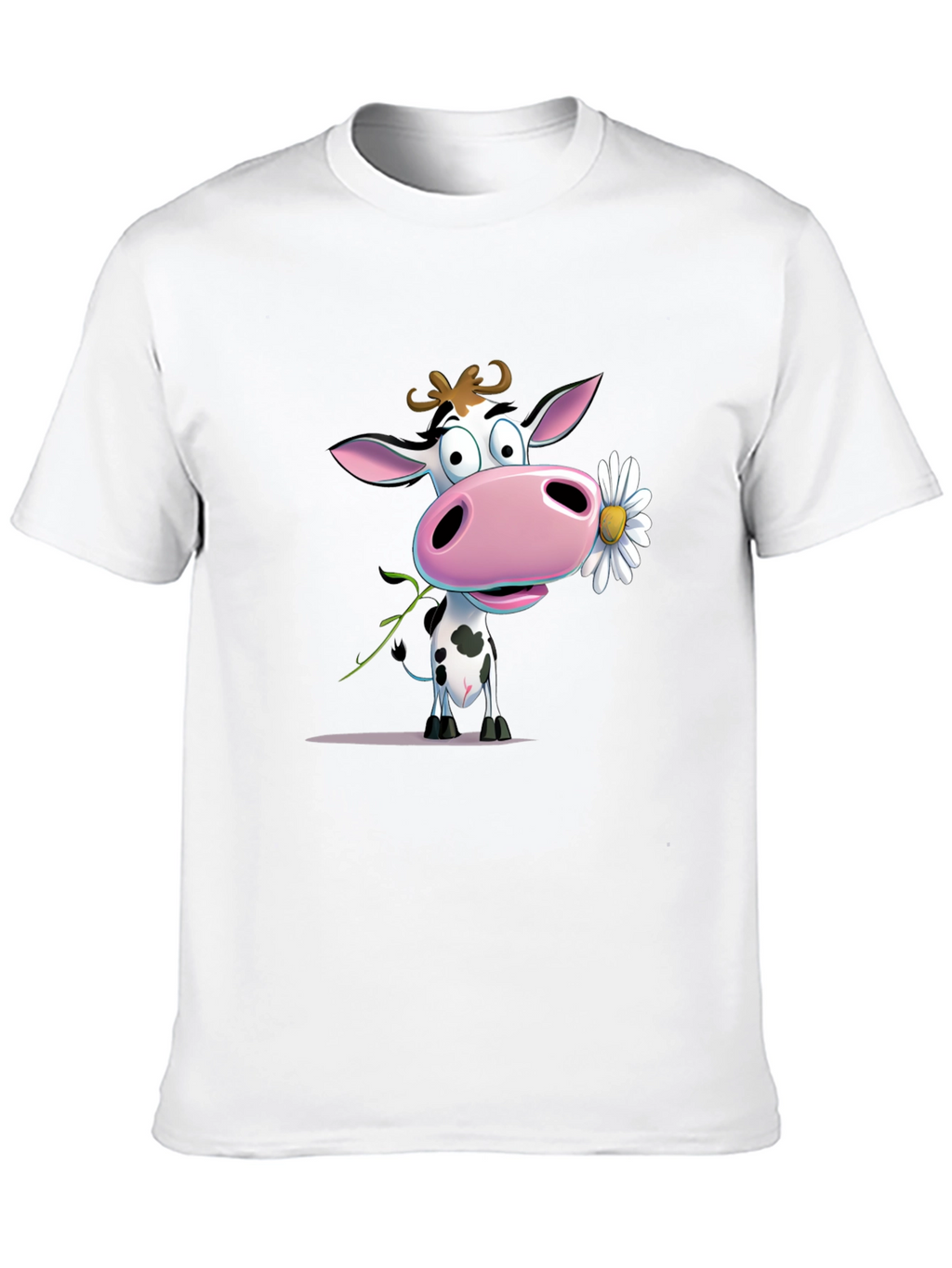 Cute Cartoon Cow Holding Daisy Black T-Shirt