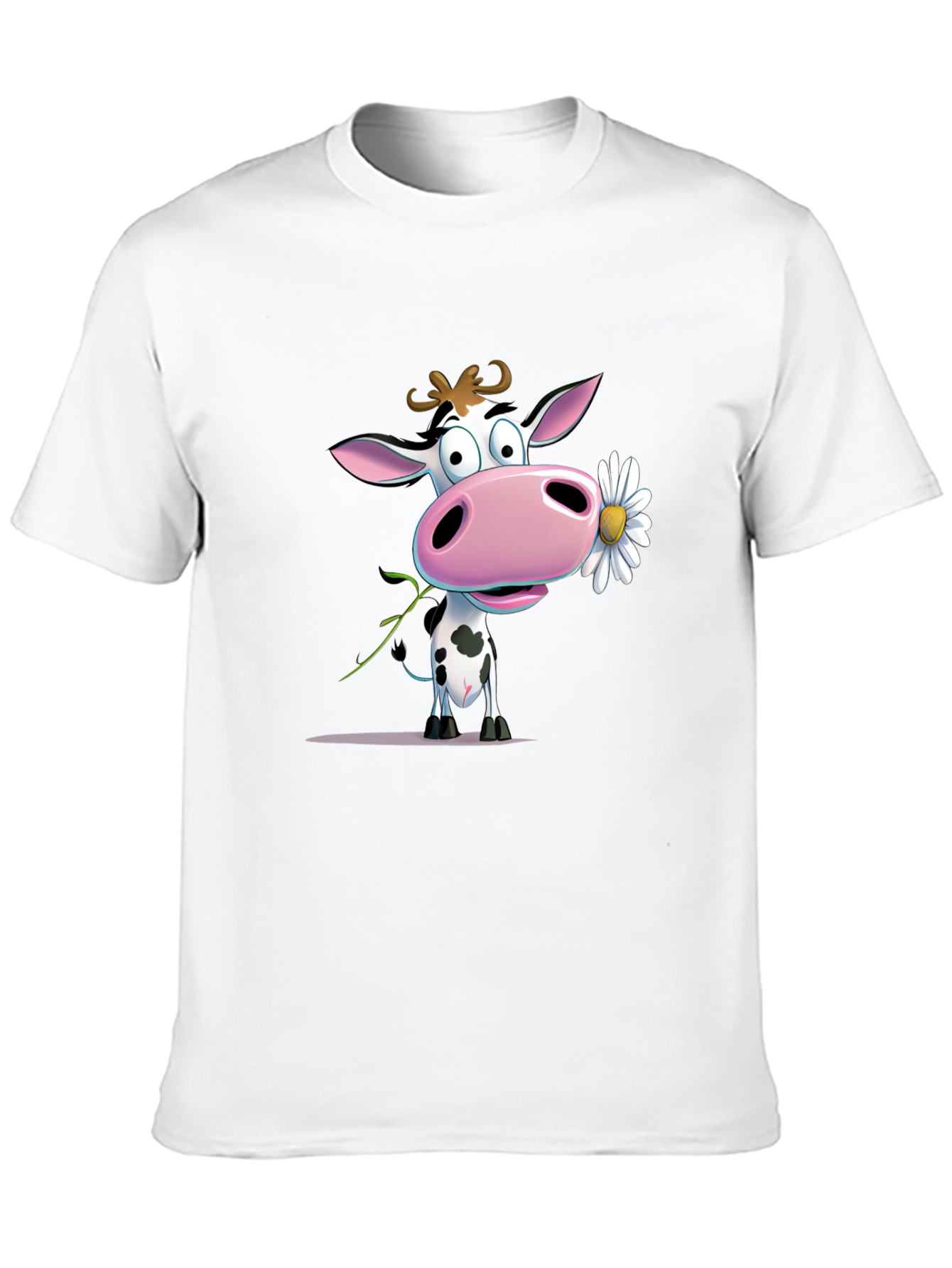 Cute Cartoon Cow Holding Daisy Black T-Shirt