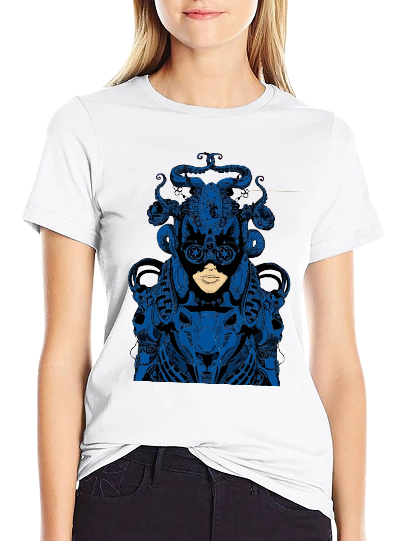 Blue Steampunk Robot Graphic Black Tee