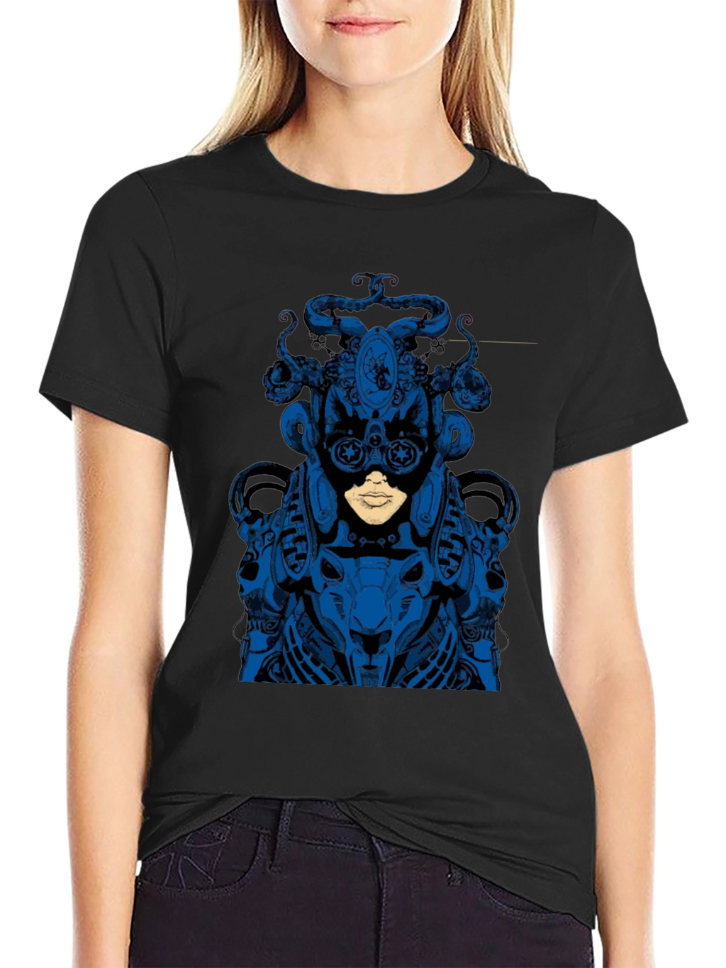 Blue Steampunk Robot Graphic Black Tee