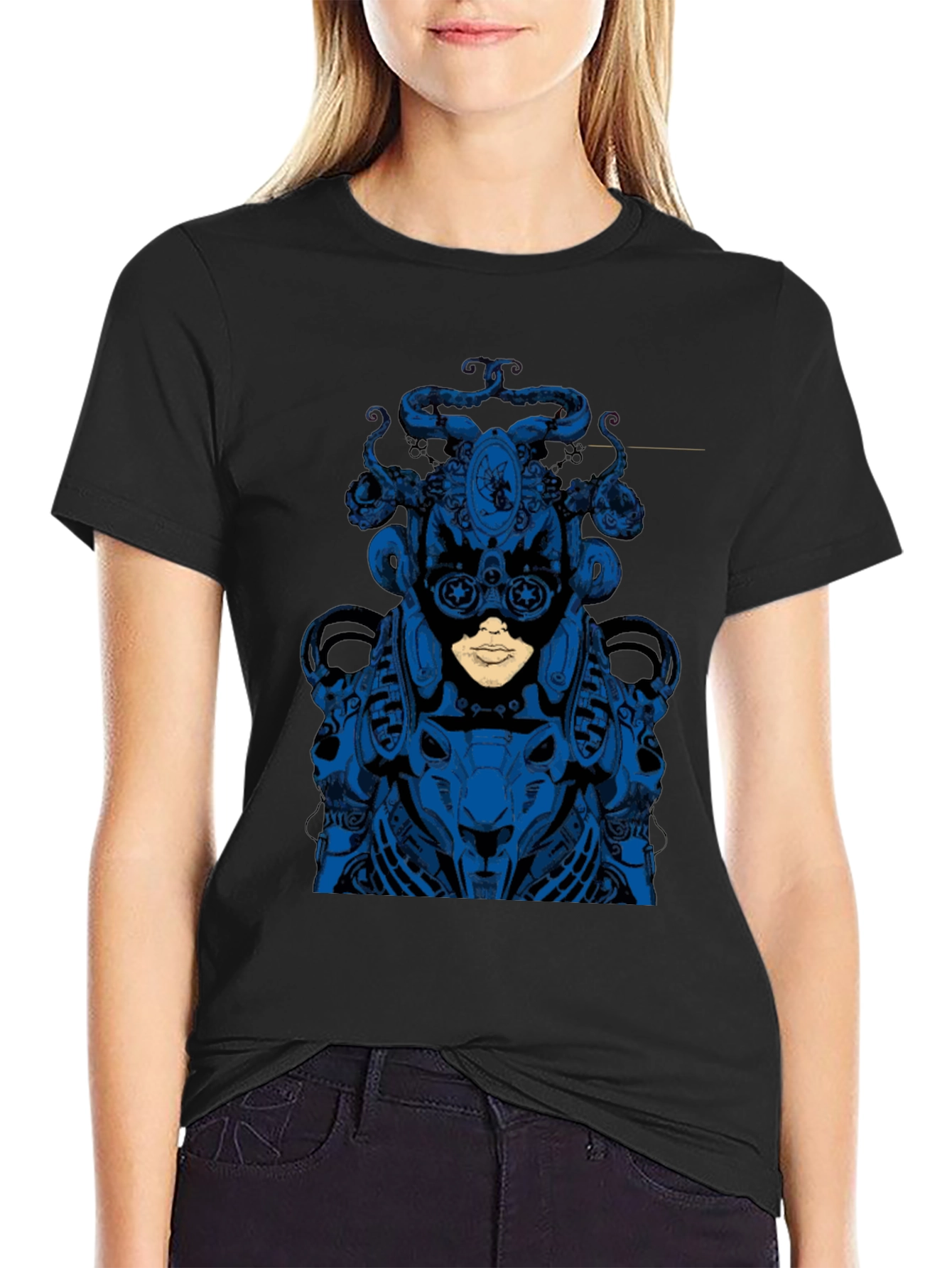 Blue Steampunk Robot Graphic Black Tee