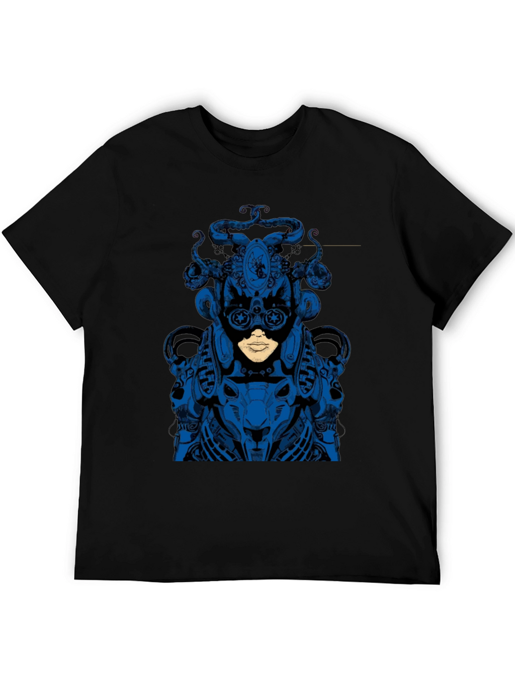 Blue Steampunk Robot Graphic Black Tee