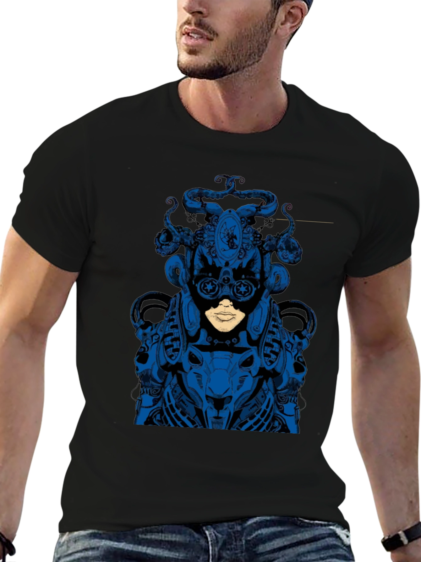 Blue Steampunk Robot Graphic Black Tee