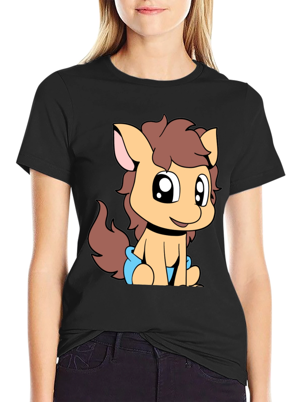 Cute Pony Graphic Tee - Black Cotton T-Shirt
