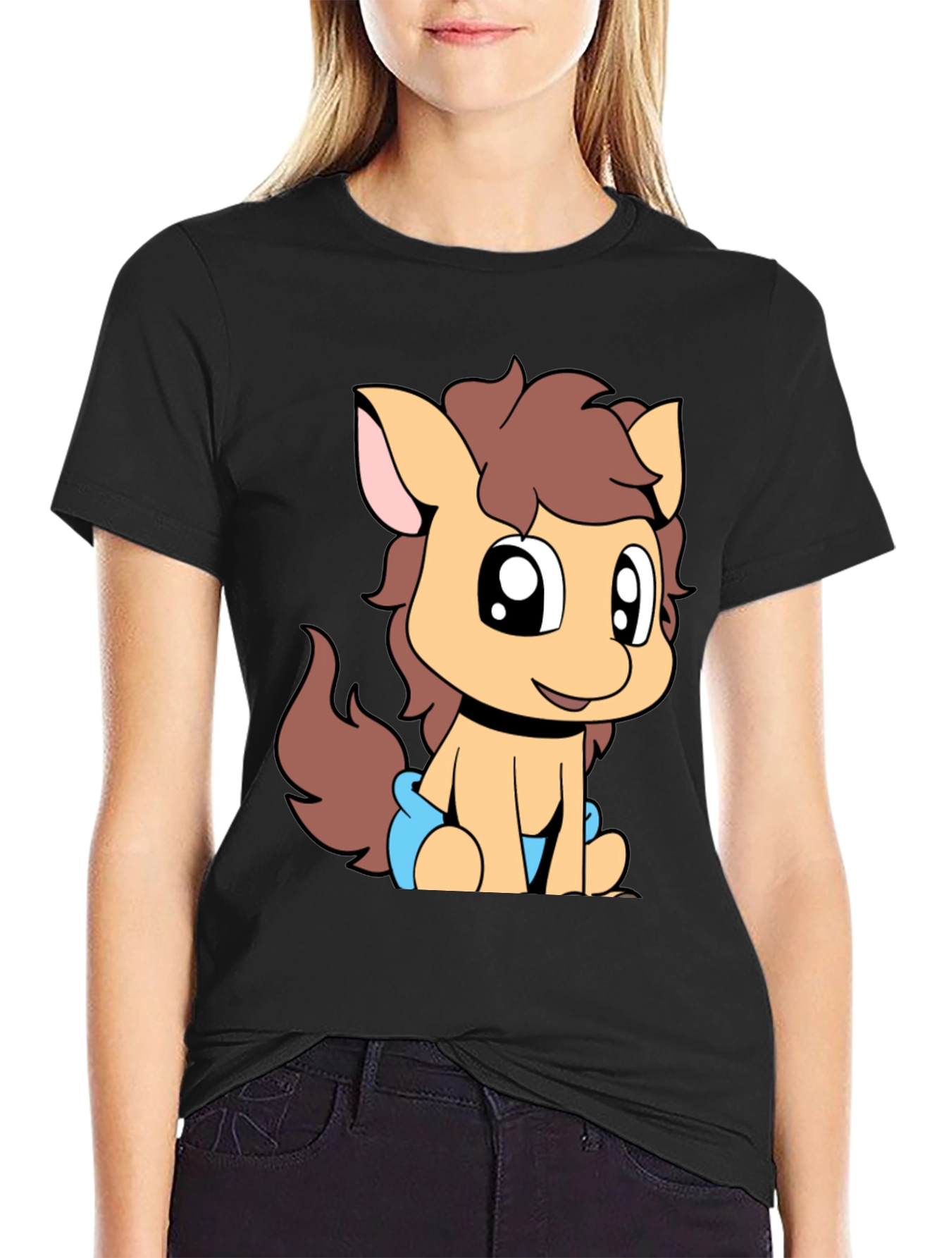 Cute Pony Graphic Tee - Black Cotton T-Shirt