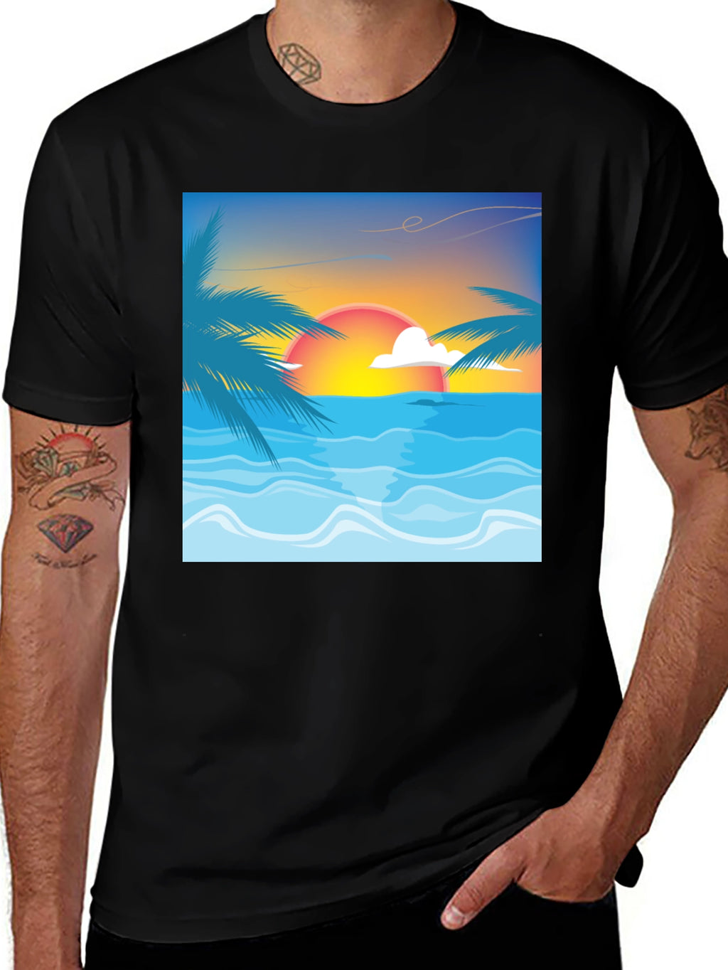 Sunset Beach Graphic Tee - Black Cotton T-Shirt