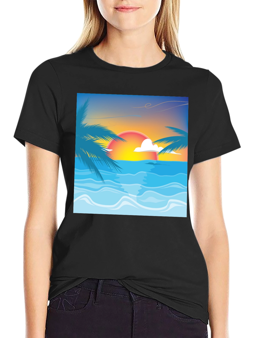 Sunset Beach Graphic Tee - Black Cotton T-Shirt