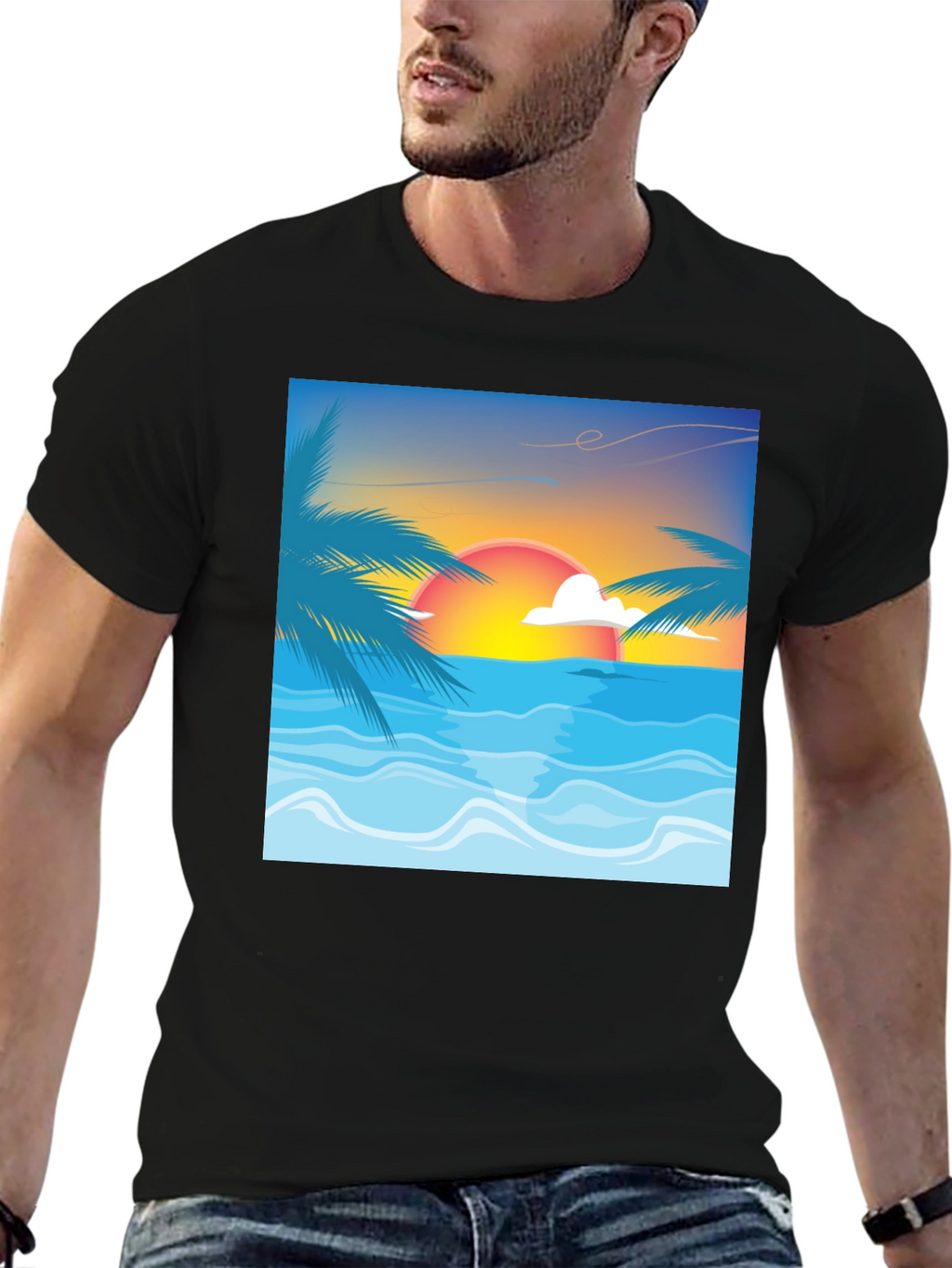 Sunset Beach Graphic Tee - Black Cotton T-Shirt