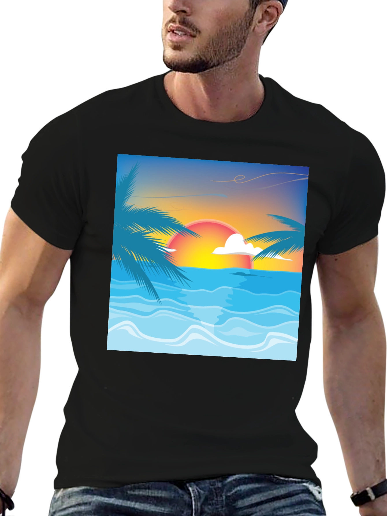 Sunset Beach Graphic Tee - Black Cotton T-Shirt