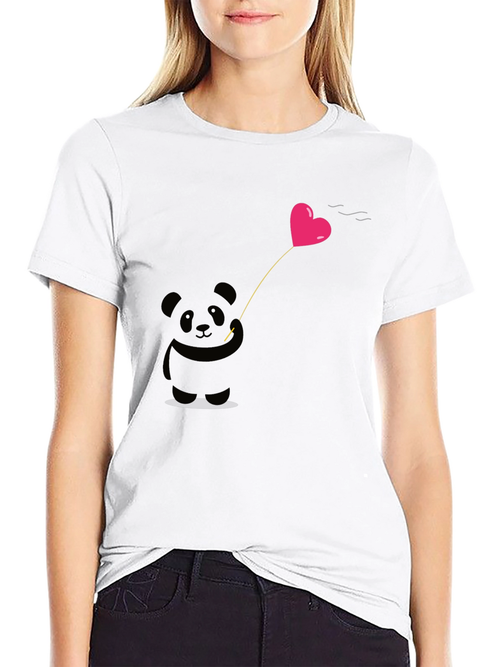 Cute Panda Heart Balloon Graphic Tee - Black