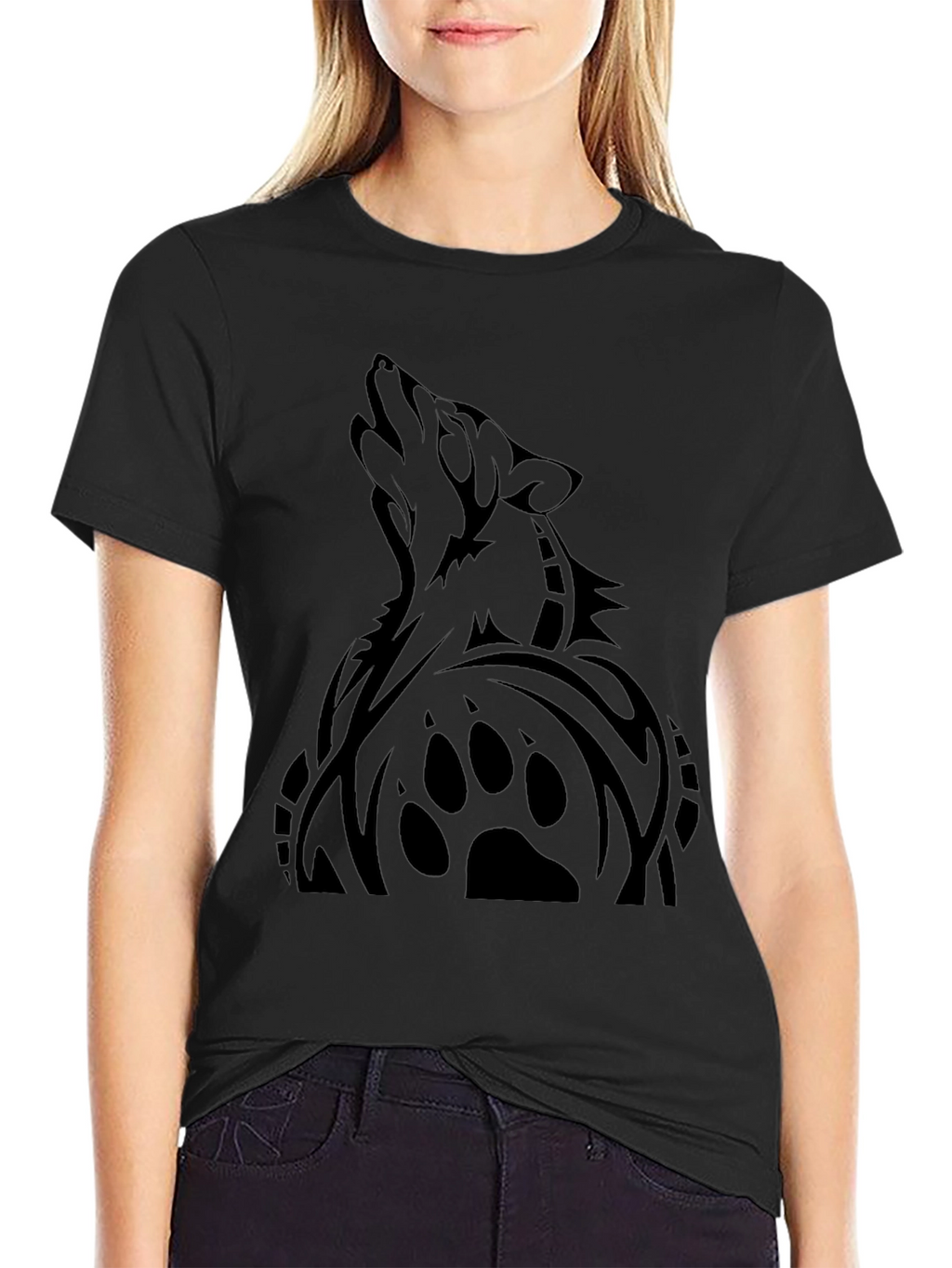 Mens Black Wolf Graphic Tee - Tribal Design
