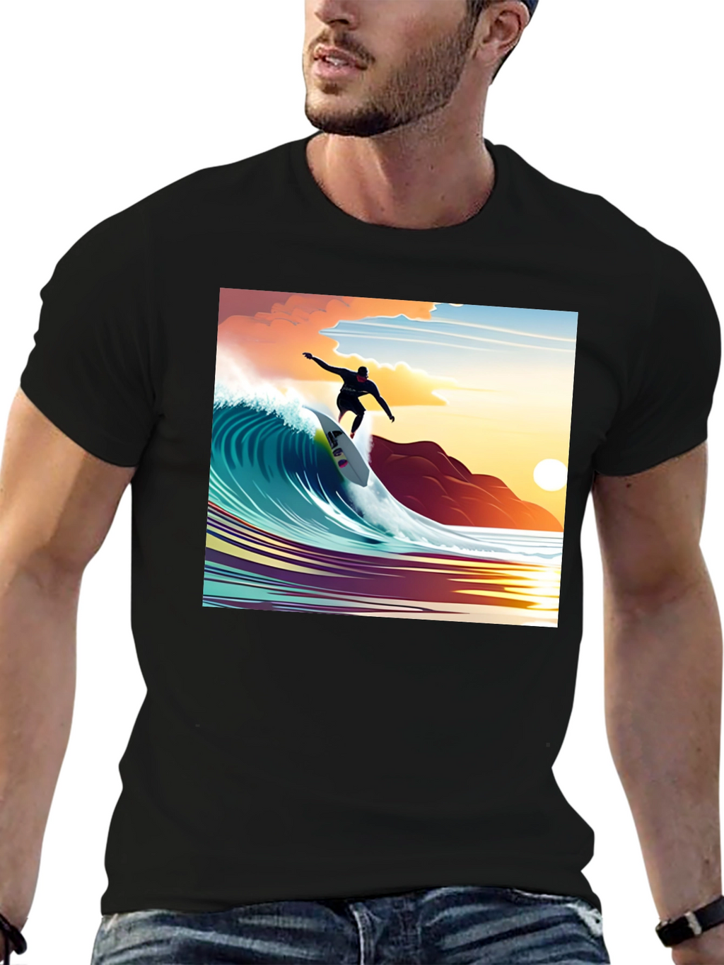 Surfer Wave Graphic Tee - Black