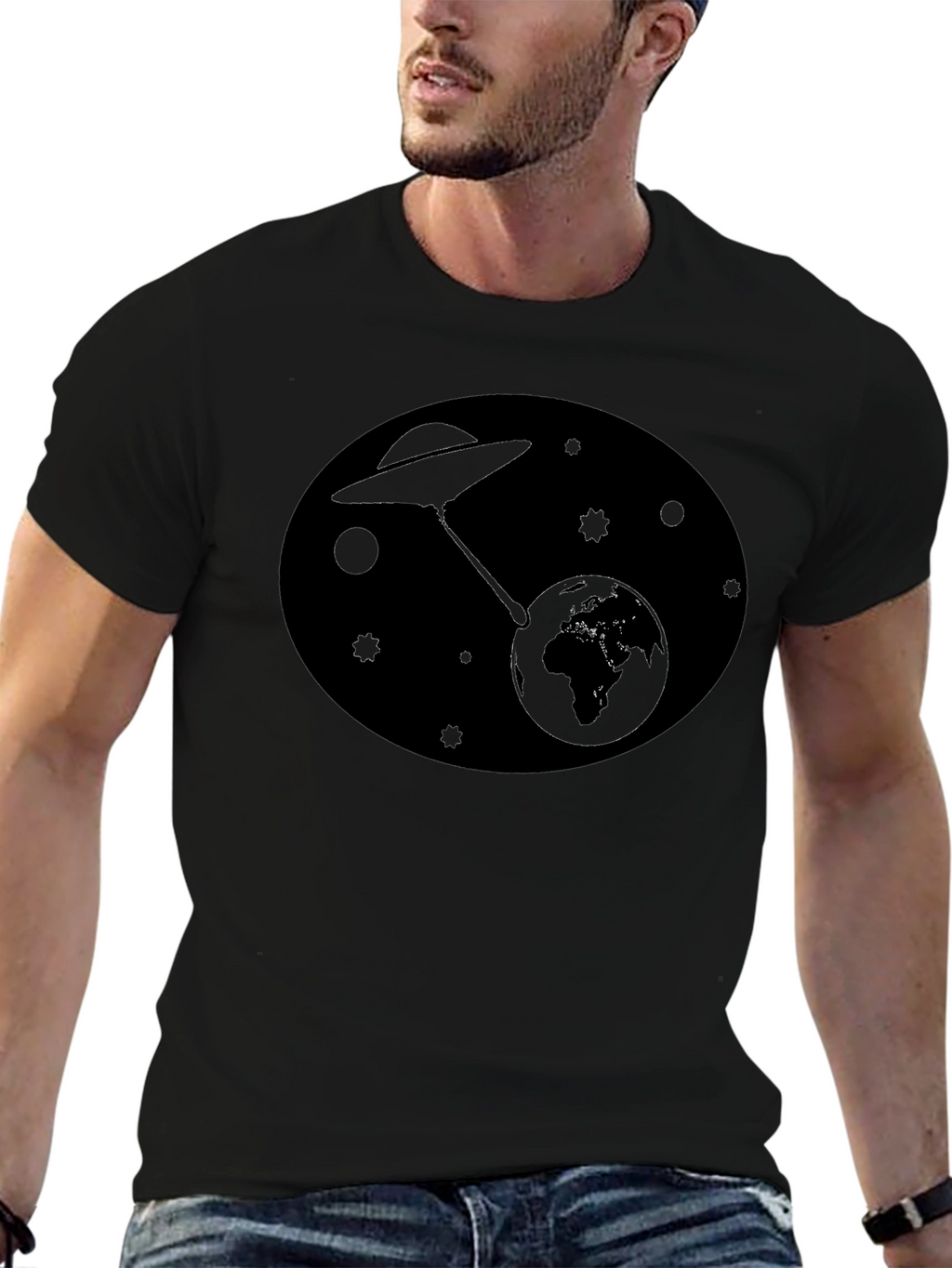 UFO Abduction Earth Graphic T-Shirt - Black