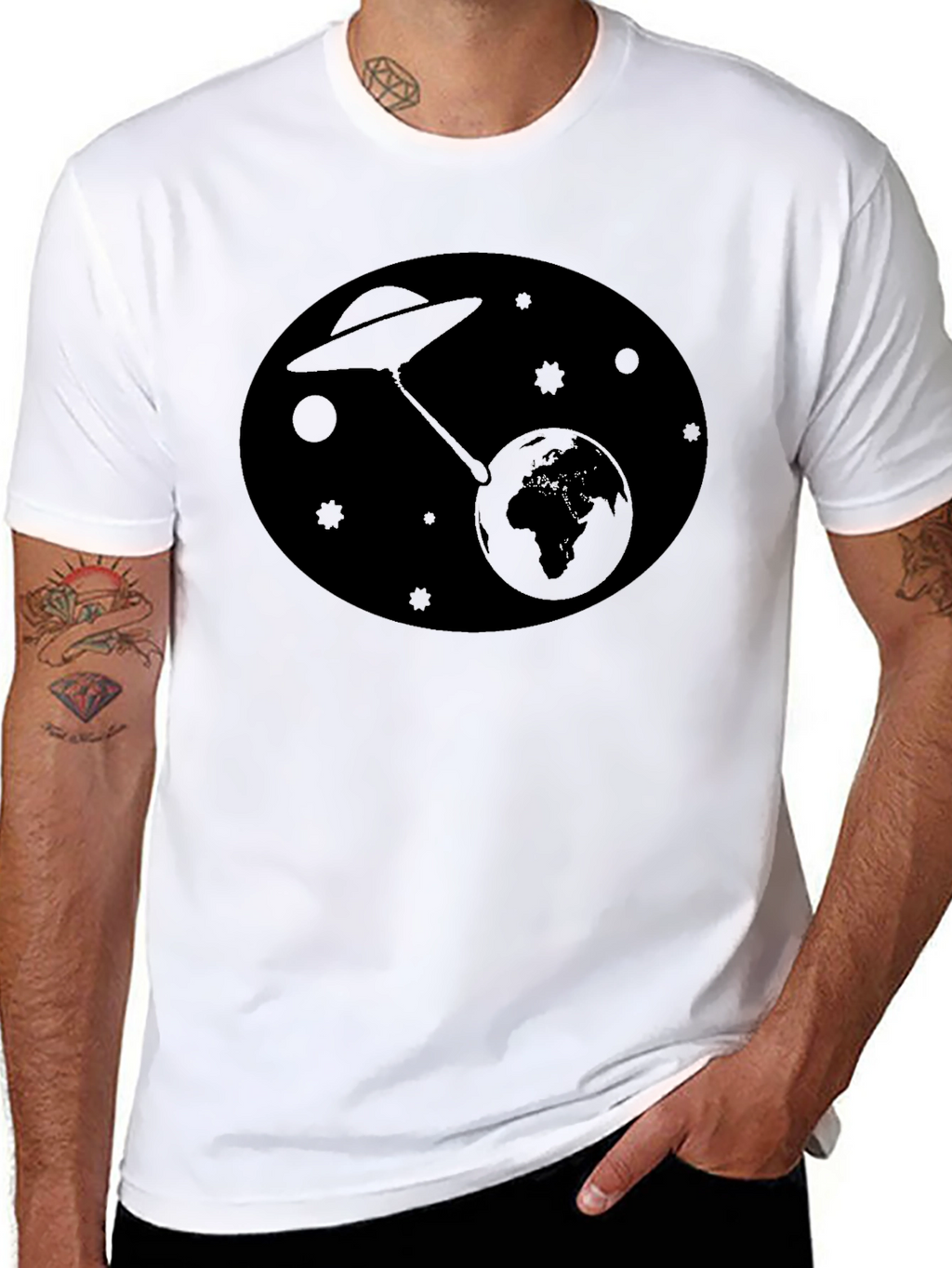 UFO Abduction Earth Graphic T-Shirt - Black