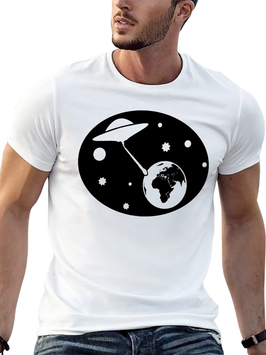 UFO Abduction Earth Graphic T-Shirt - Black
