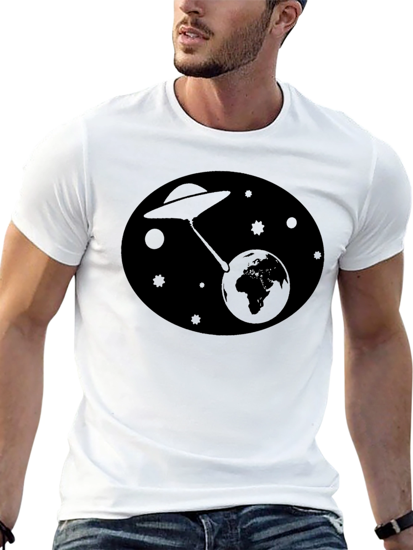 UFO Abduction Earth Graphic T-Shirt - Black