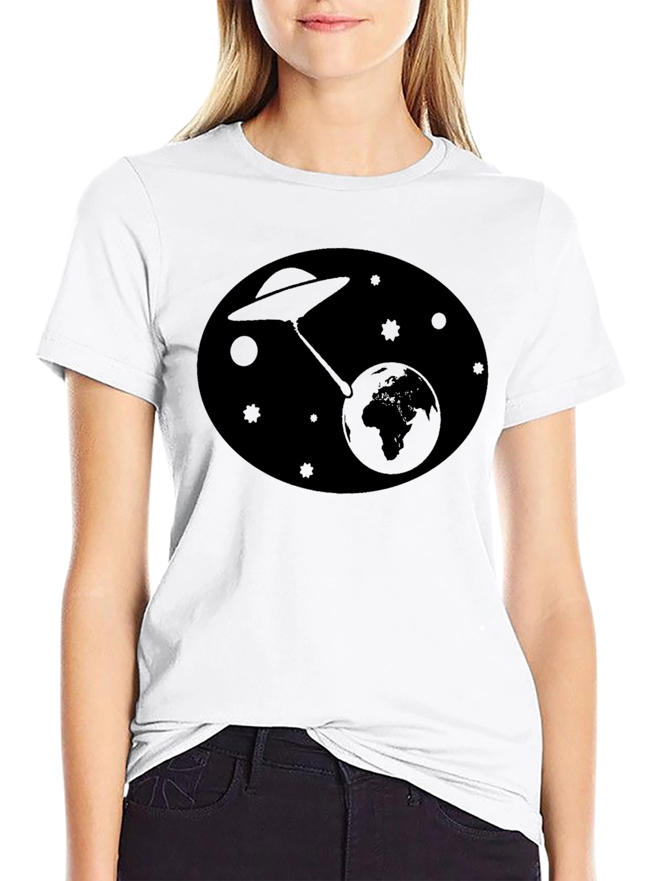 UFO Abduction Earth Graphic T-Shirt - Black