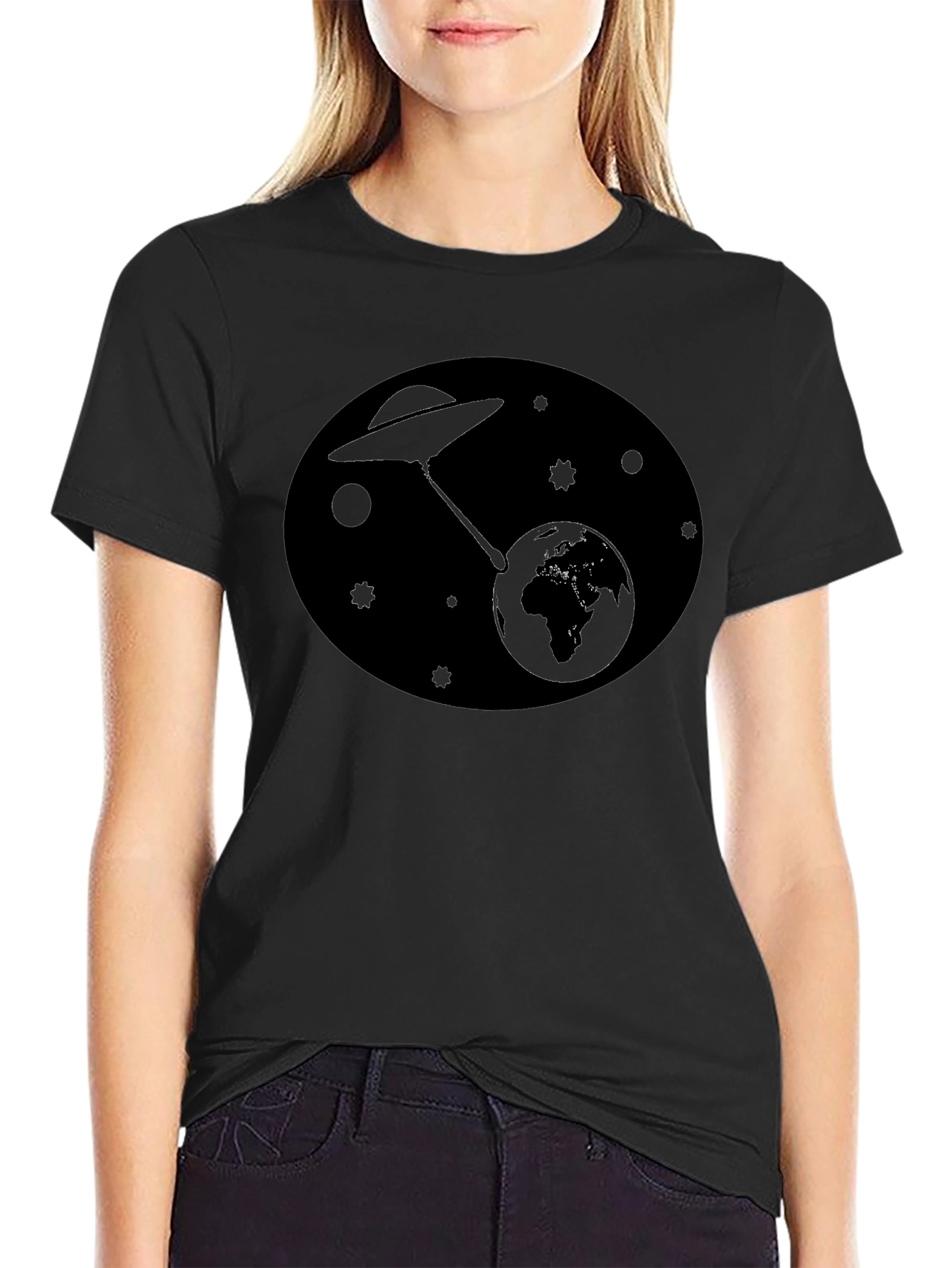 UFO Abduction Earth Graphic T-Shirt - Black
