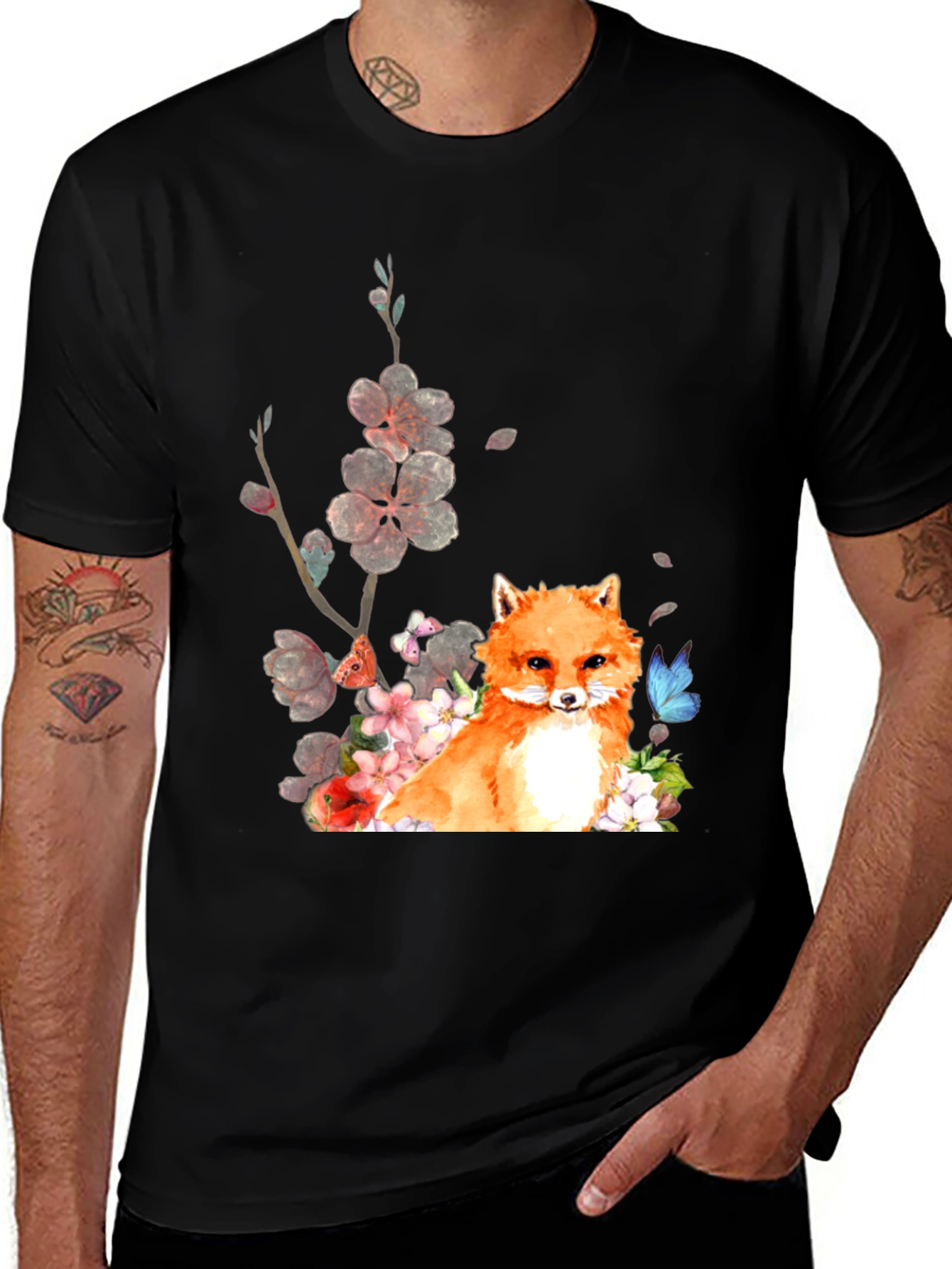 Fox & Floral Graphic Tee - Unisex Black T-Shirt