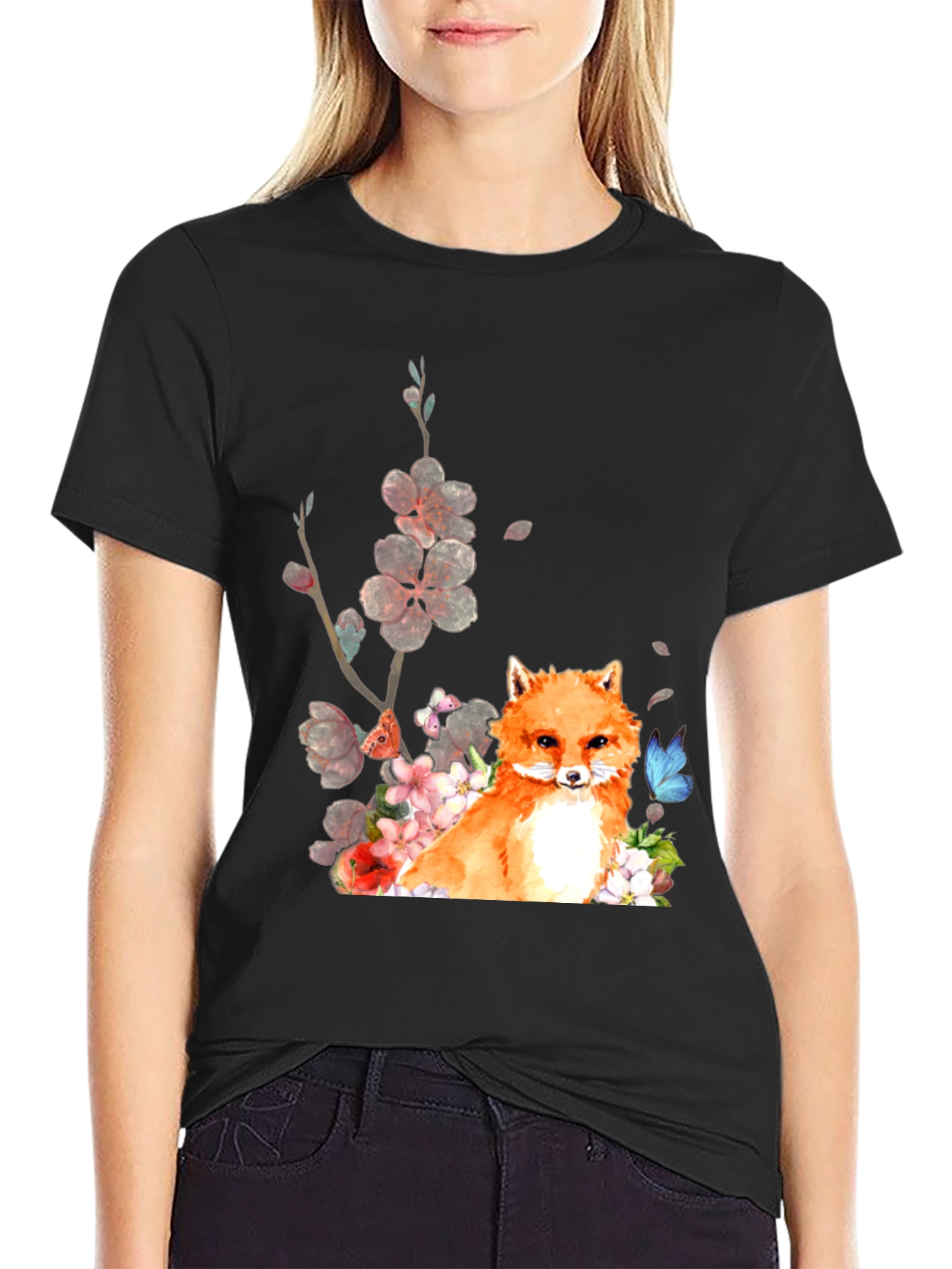 Fox & Floral Graphic Tee - Unisex Black T-Shirt