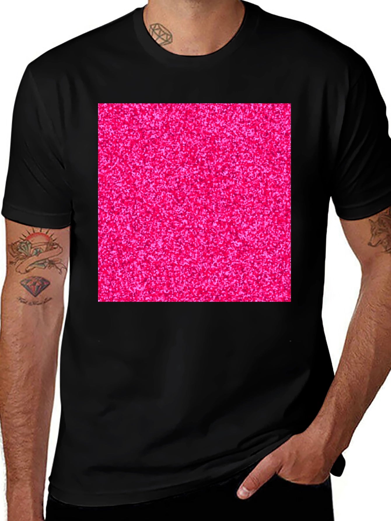 Bold Pink Glitter Graphic Black T-Shirt