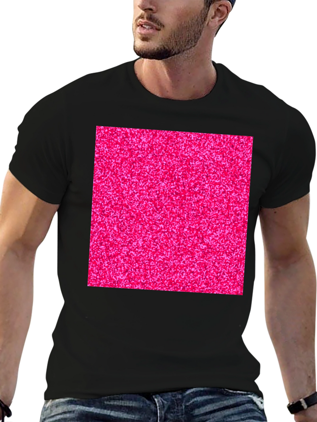Bold Pink Glitter Graphic Black T-Shirt