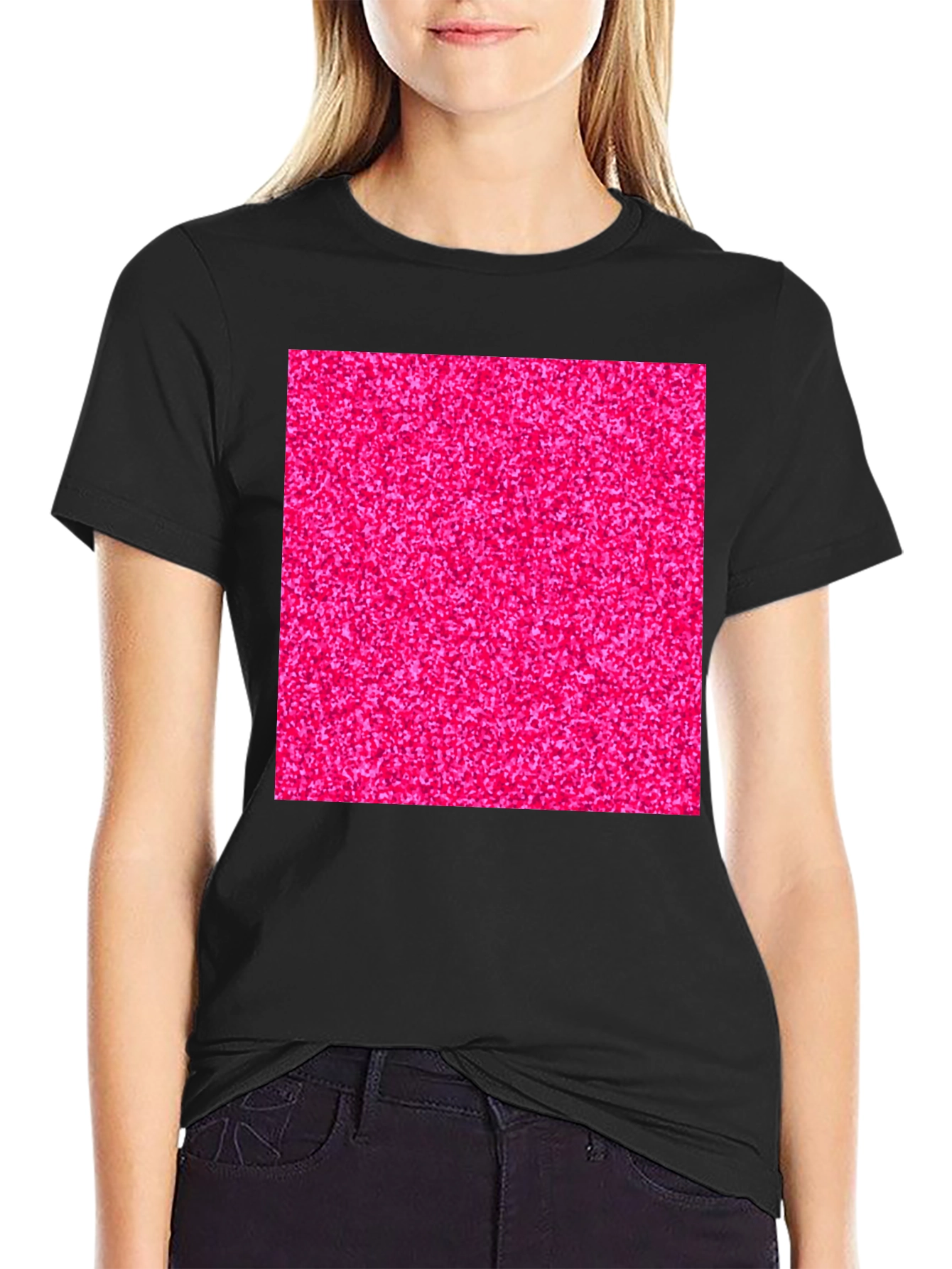 Bold Pink Glitter Graphic Black T-Shirt