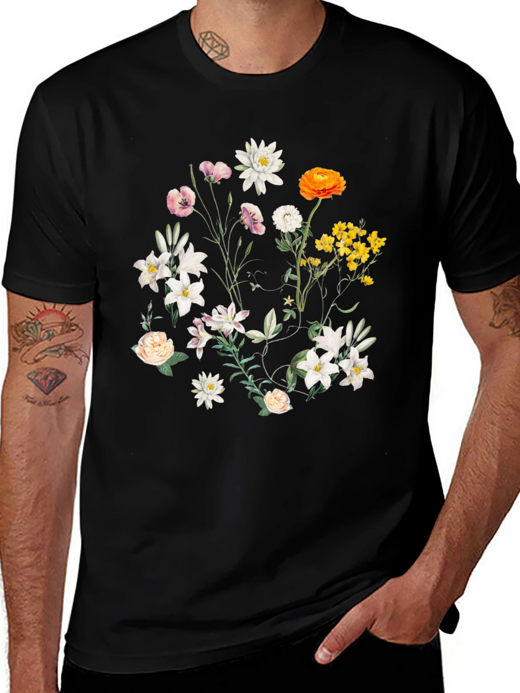 Floral Print T-Shirt - Botanical Black Tee