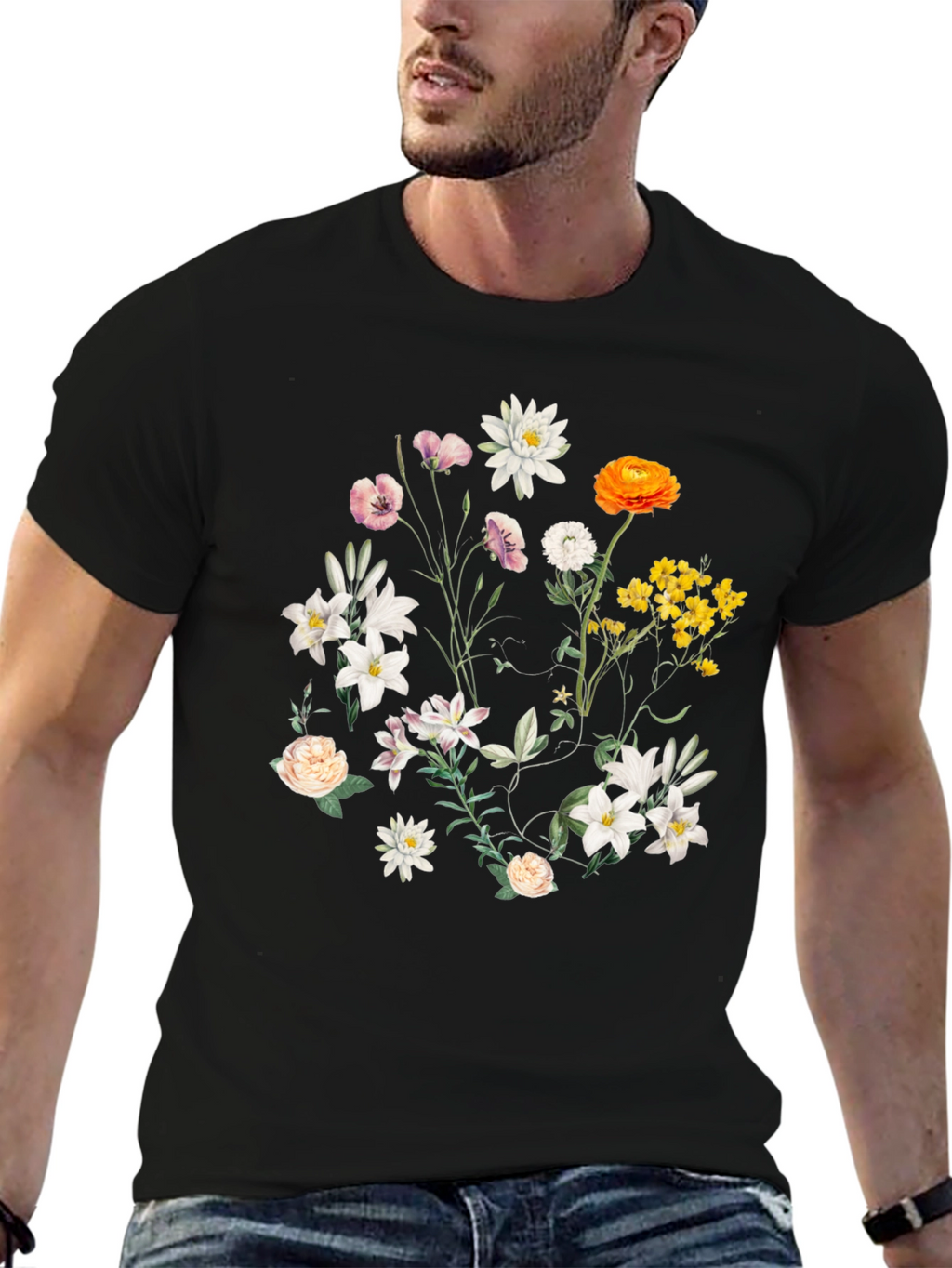 Floral Print T-Shirt - Botanical Black Tee
