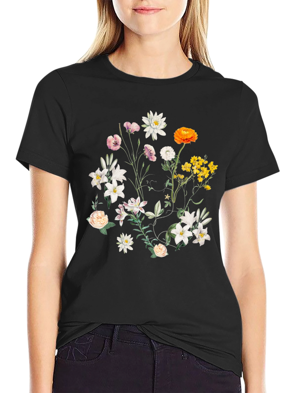 Floral Print T-Shirt - Botanical Black Tee