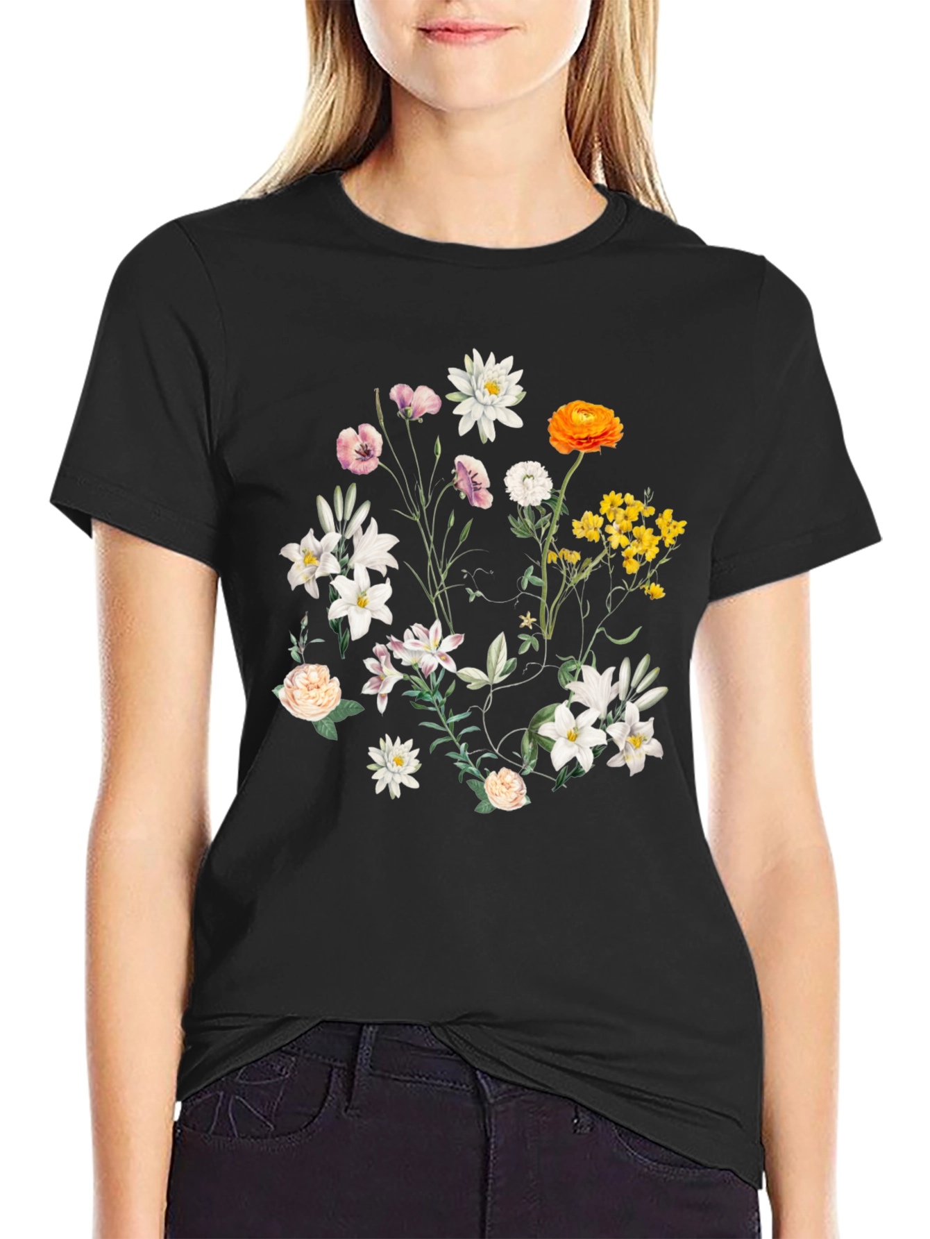 Floral Print T-Shirt - Botanical Black Tee