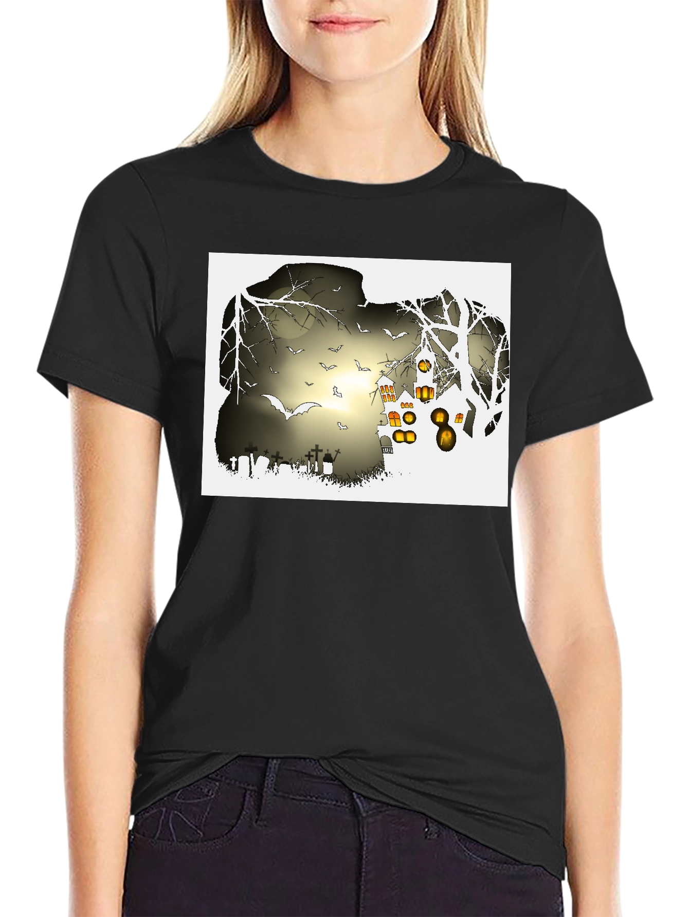 Halloween Night T-Shirt - Bats and Graveyard Design