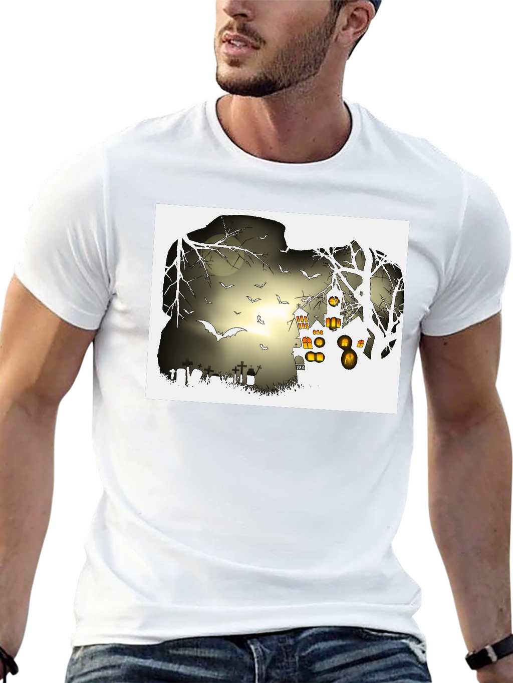 Halloween Night T-Shirt - Bats and Graveyard Design