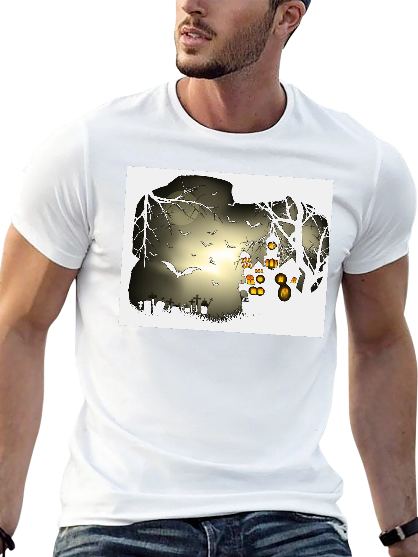 Halloween Night T-Shirt - Bats and Graveyard Design