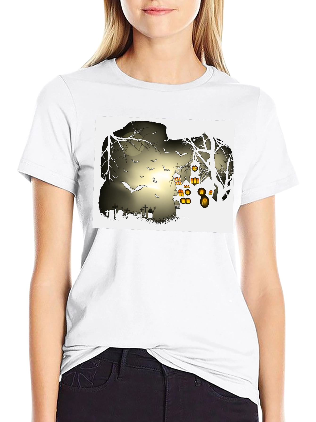 Halloween Night T-Shirt - Bats and Graveyard Design