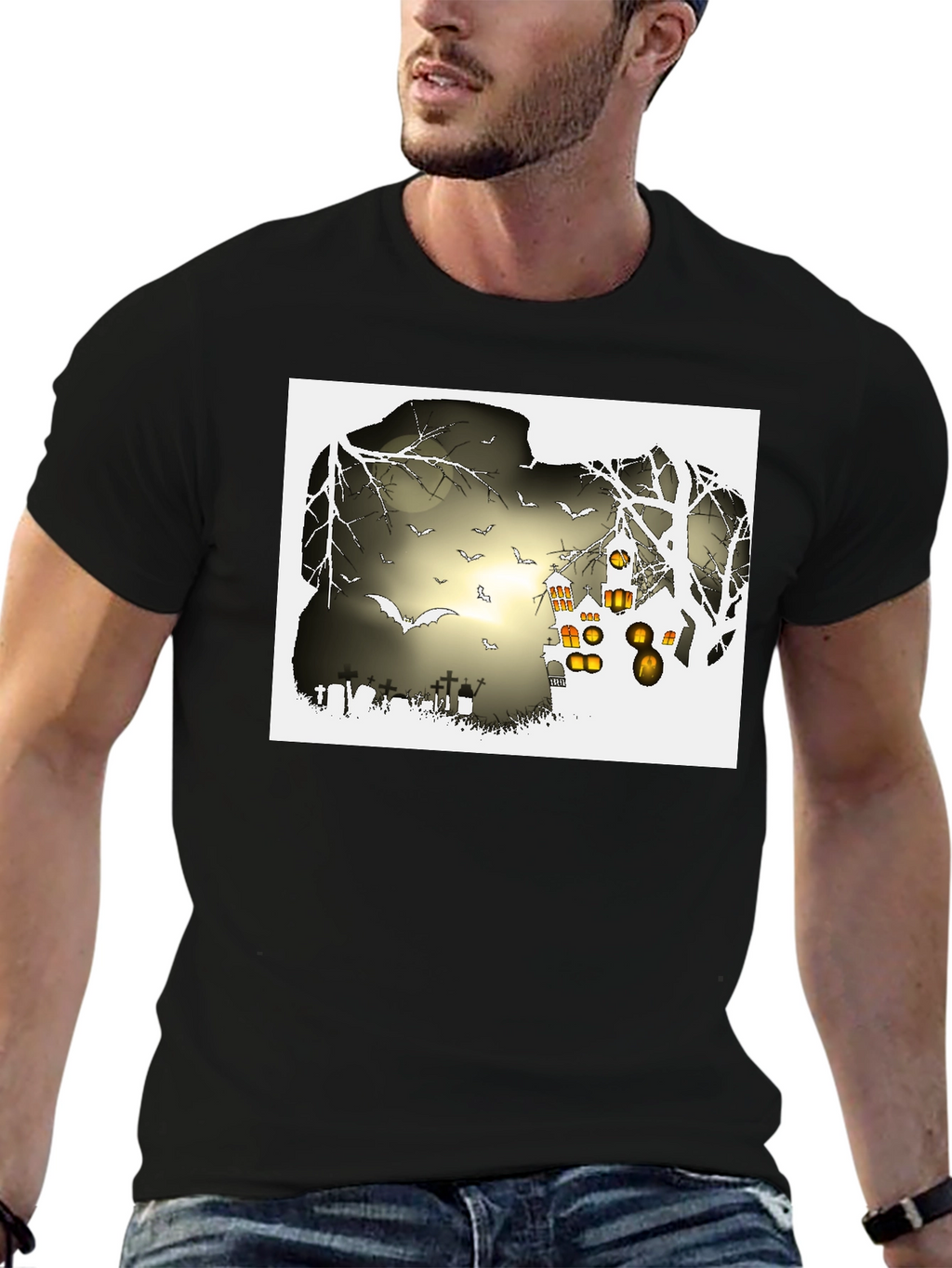 Halloween Night T-Shirt - Bats and Graveyard Design