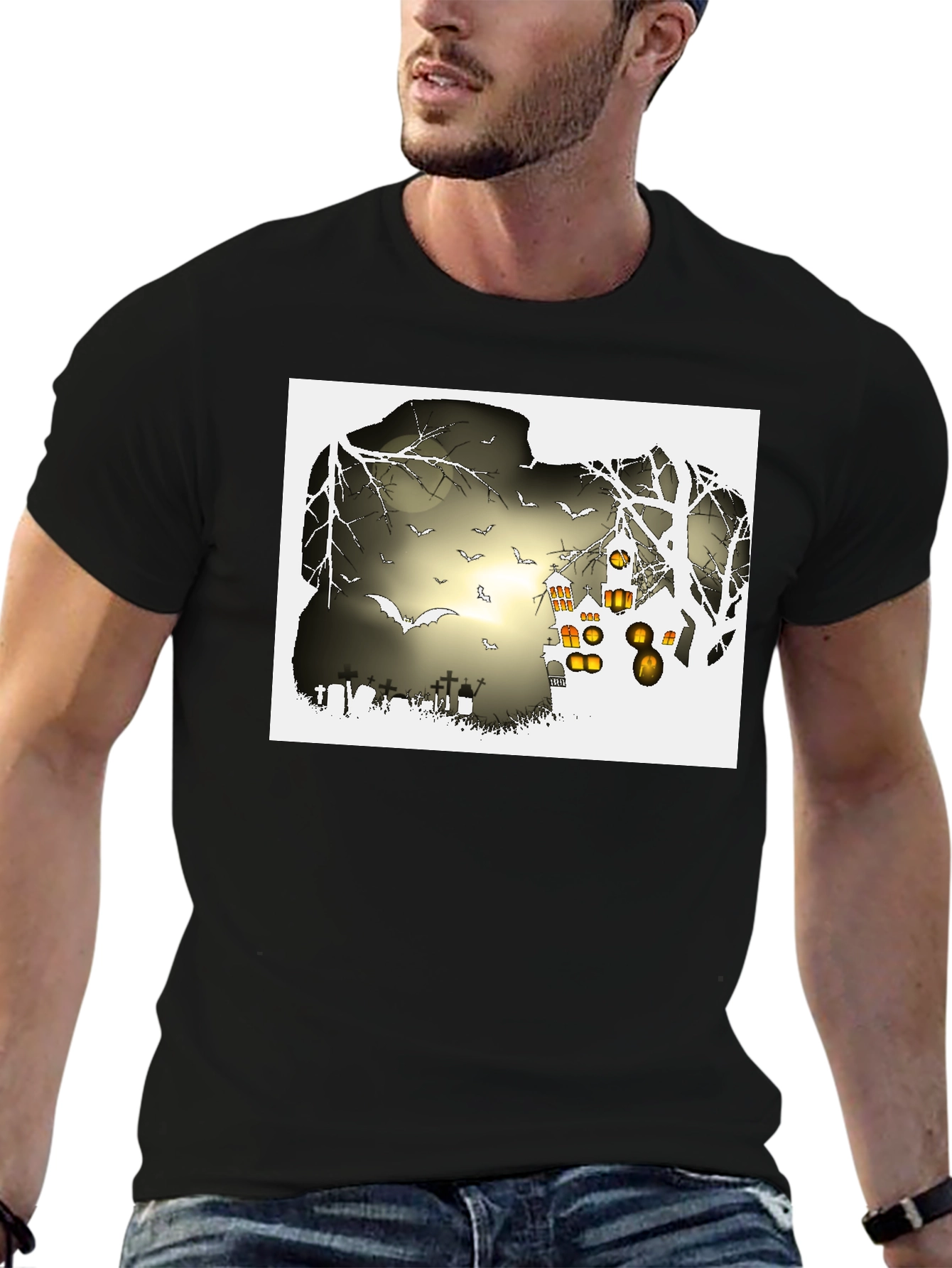 Halloween Night T-Shirt - Bats and Graveyard Design
