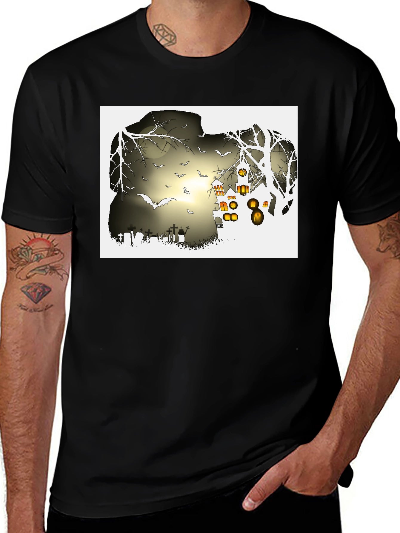 Halloween Night T-Shirt - Bats and Graveyard Design