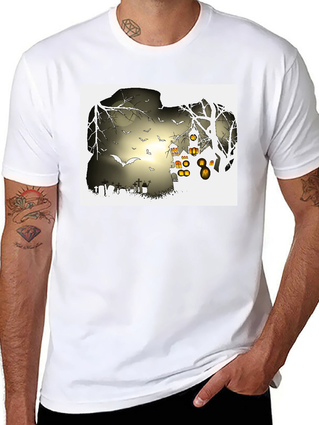 Halloween Night T-Shirt - Bats and Graveyard Design