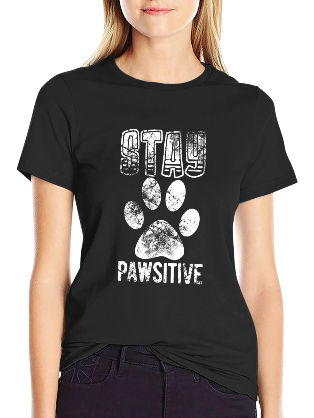 Stay Pawsitive Black Graphic T-Shirt