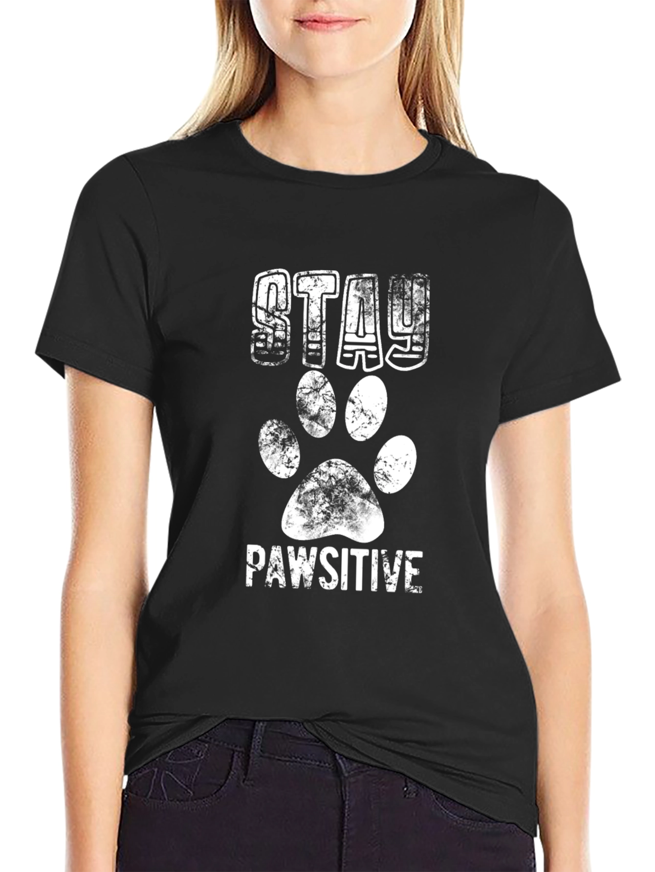 Stay Pawsitive Black Graphic T-Shirt
