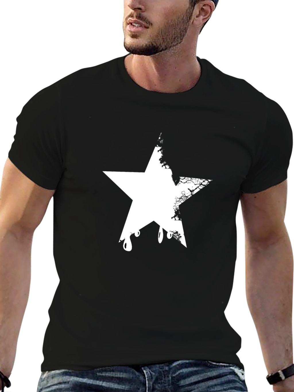 Black Graphic Tee - Distressed Star Design