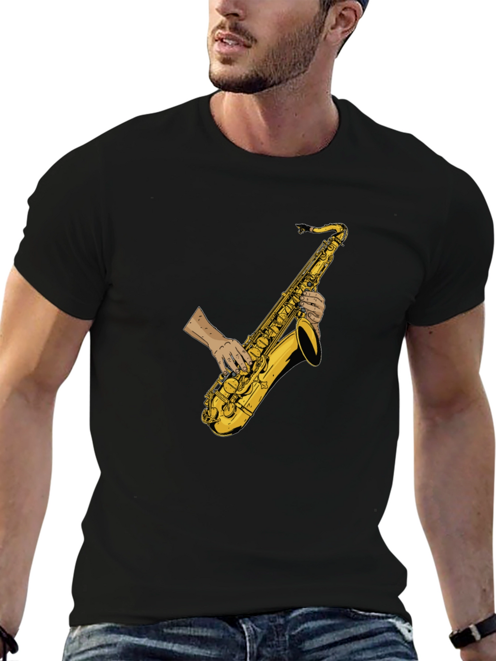 Saxophone Player Graphic Tee - Black Cotton T-Shirt