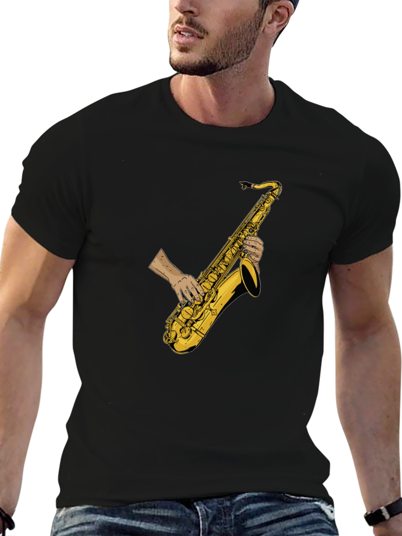 Saxophone Player Graphic Tee - Black Cotton T-Shirt