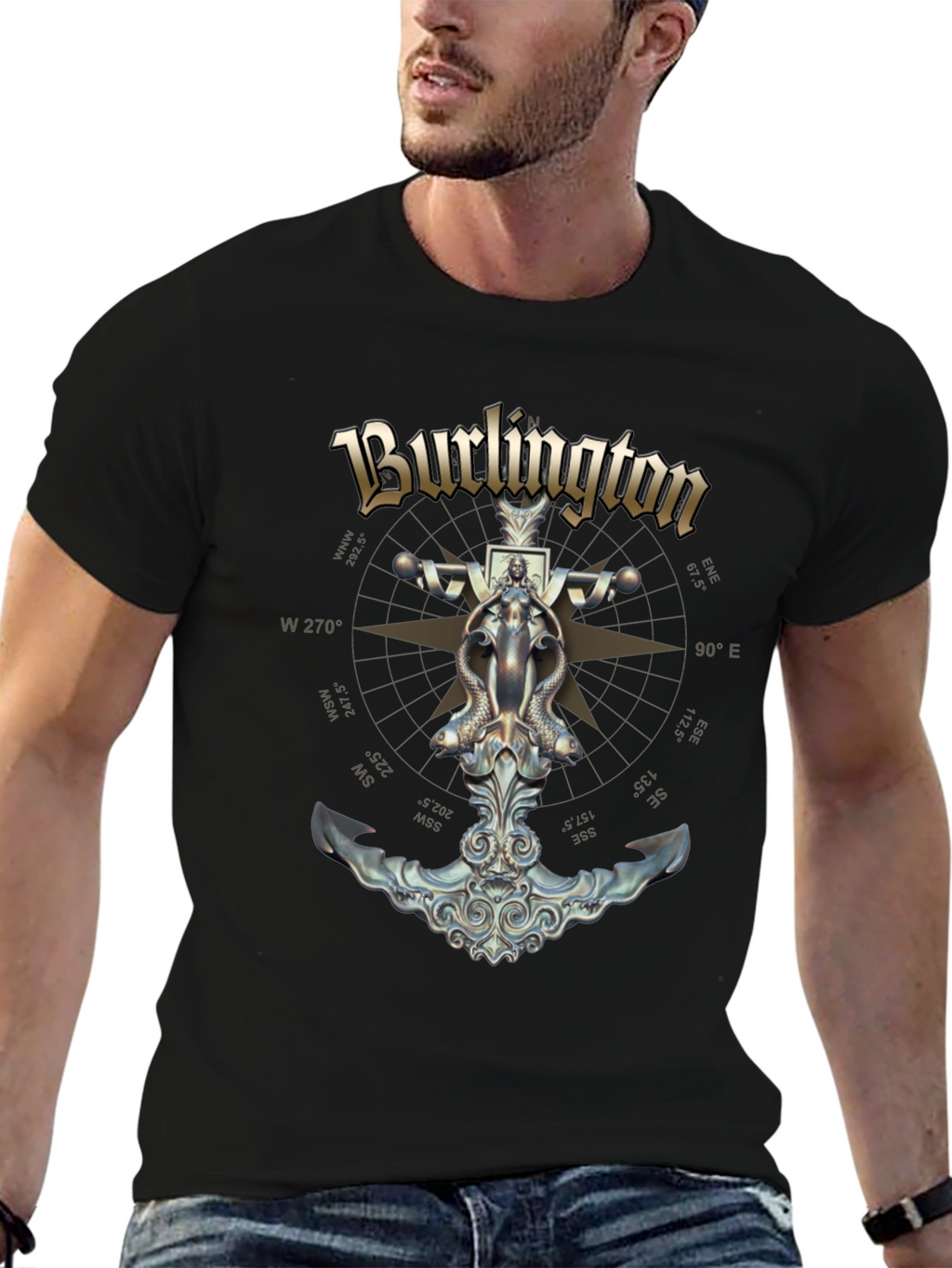 Burlington Nautical Compass Anchor Black T-Shirt