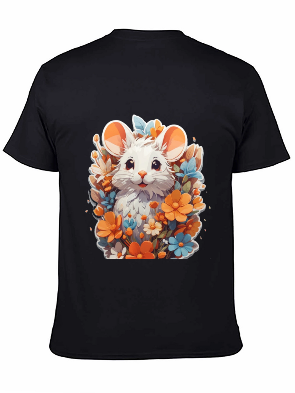 Cute Mouse & Flowers Black T-Shirt