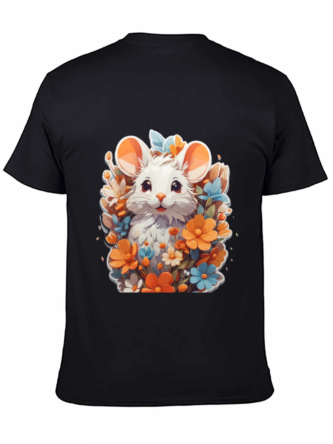 Cute Mouse & Flowers Black T-Shirt