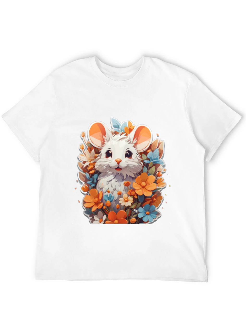 Cute Mouse & Flowers Black T-Shirt