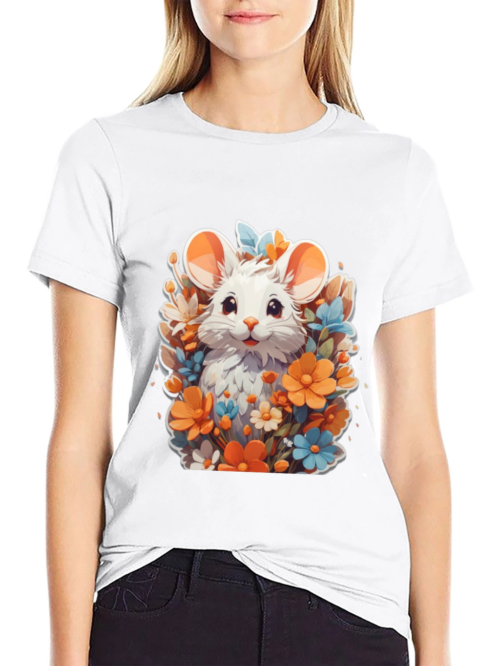 Cute Mouse & Flowers Black T-Shirt