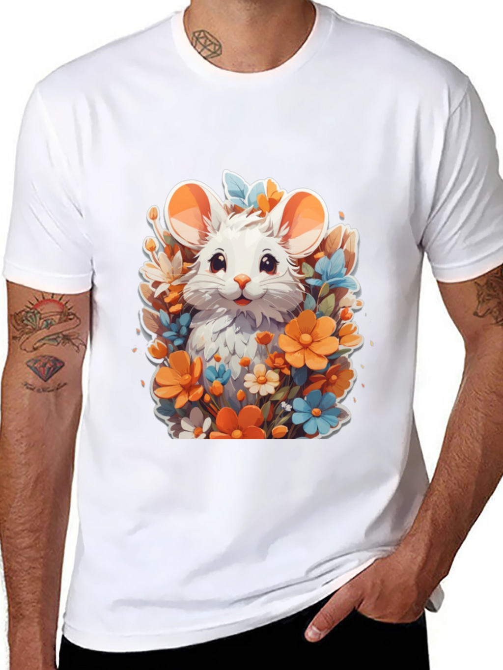 Cute Mouse & Flowers Black T-Shirt